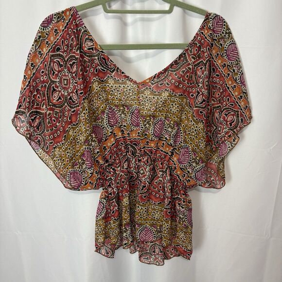 VTG 90s Y2K Does 70s Wet Seal Paisley Sheer L Kaftan Top V Neck Hippie Sz S - Picture 6 of 6